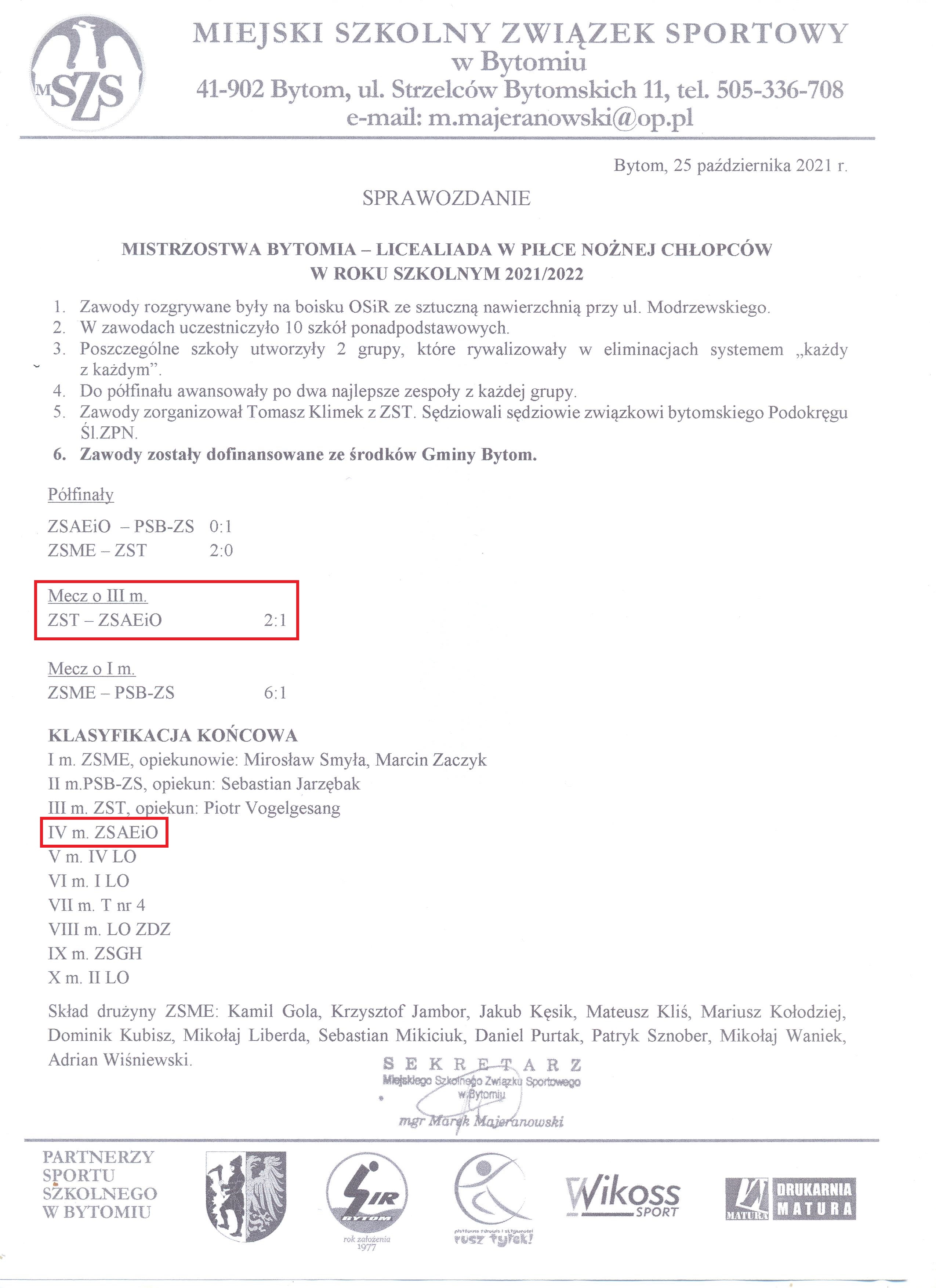 IV miejsce w&nbsp;piłce nożnej chłopców