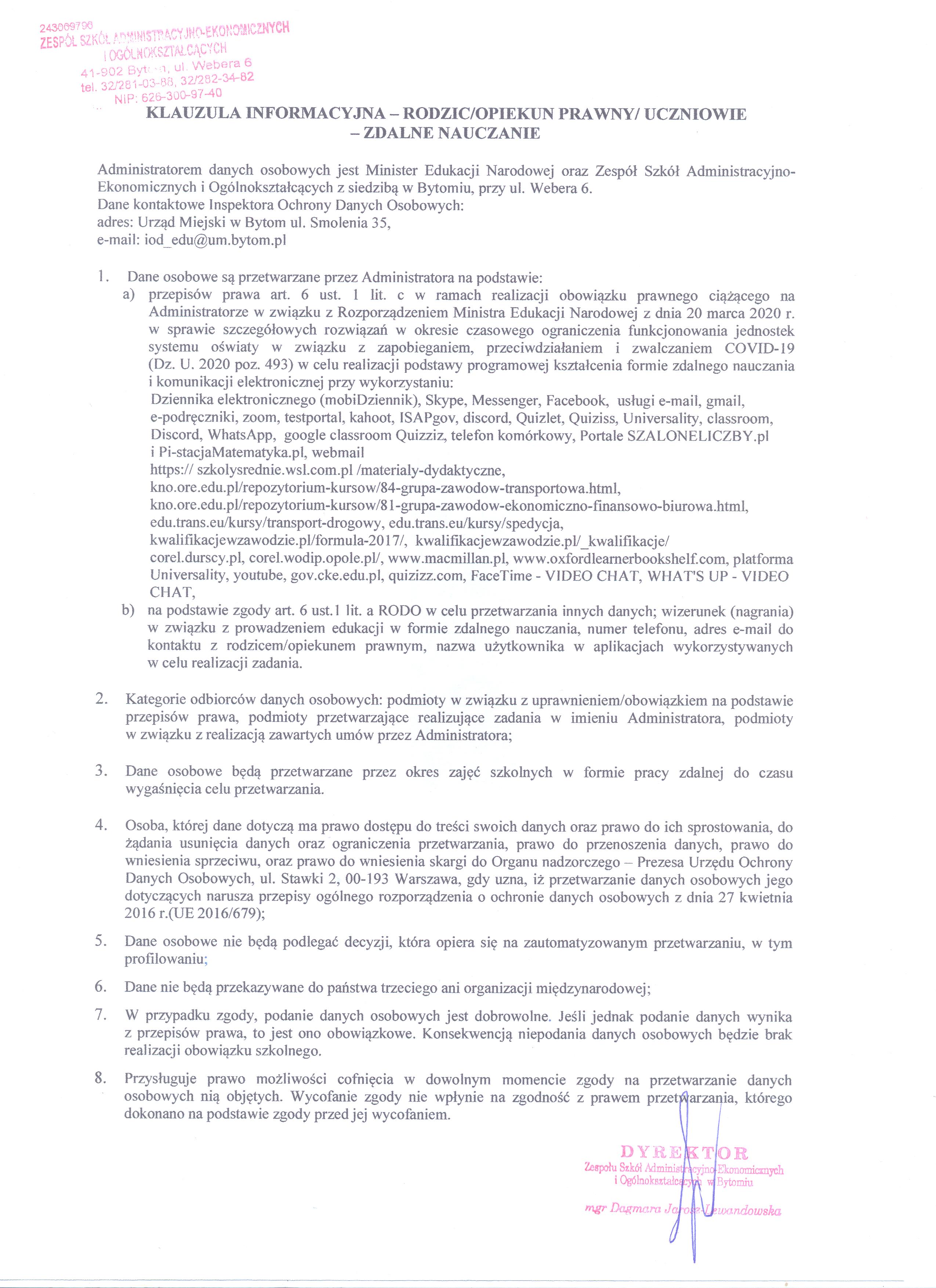 Klauzula informacyjna - rodzic/opiekun prawny/uczniowie - zdalne nauczanie